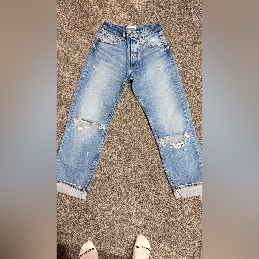 Moussy Women's Distressed Blue Straight Leg Jeans